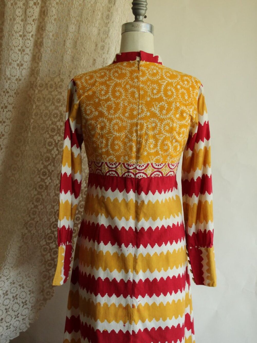 Vintage 1990s Y2K Maxi Dress, Red and Yellow Cotton 1960s Inspired Boho Full Len - Picture 13 of 14